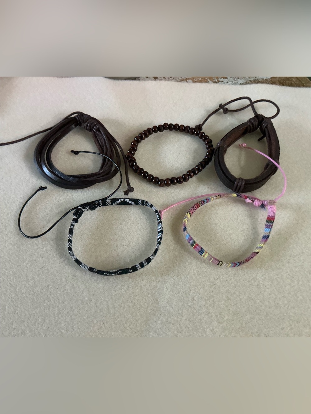 Set of 5 Boho Adjustable Bracelets - Brown Leather & Colorful Woven